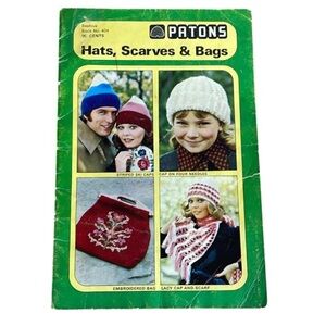 Vintage 70s Patons Beehive Pattern Book Knit Crochet 404 Caps Bags Scarves Hats